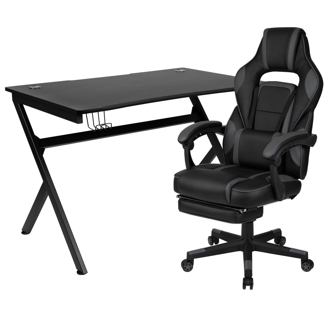 Optis Black Gaming Desk with Cup Holder/Headphone Hook/2 Wire Management Holes &amp; Black Reclining Back/Arms Gaming Chair with Footrest