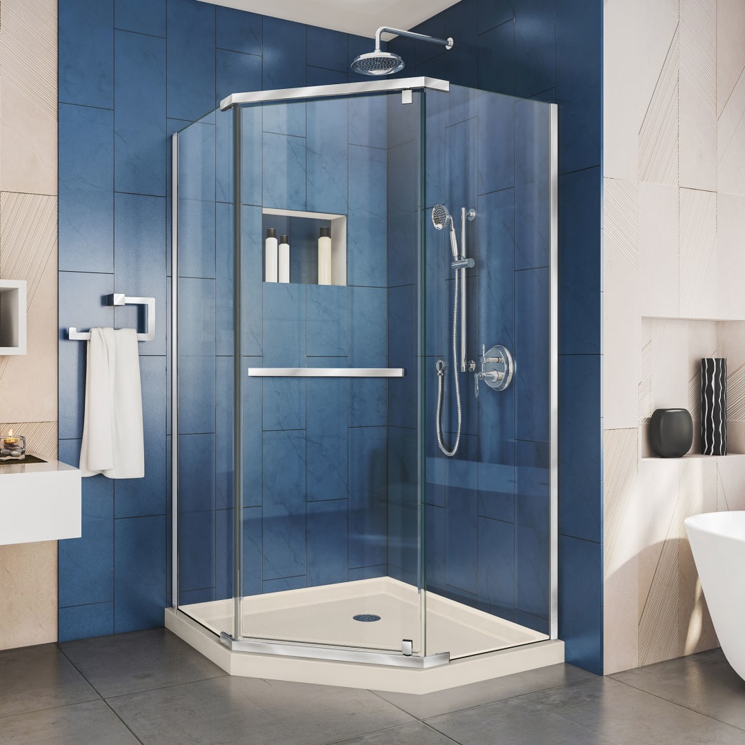 DreamLine Prism 36 inch D x 36 inch W x 74 3/4 inch H Frameless Neo-Angle Pivot Shower Enclosure in Chrome with Biscuit Shower Base Kit