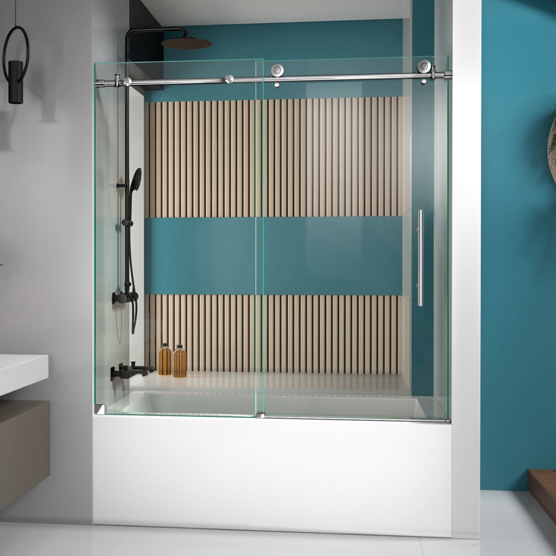 DreamLine Enigma-X 55 - 59 inch W x 62 inch H Frameless Sliding Tub Door in Polished Stainless Steel and Clear Glass
