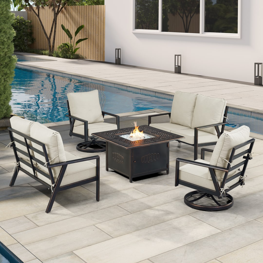 Black Aluminum Patio Fire Table Set with Two Deep Seating Loveseat with Cushions and Two Club Chairs