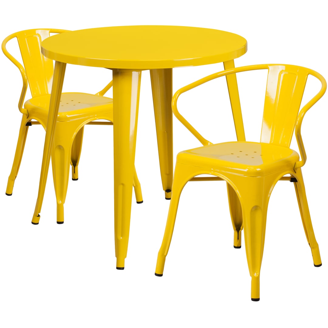 Conrad Commercial Grade 30" Round Yellow Metal Indoor-Outdoor Table Set with 2 Arm Chairs