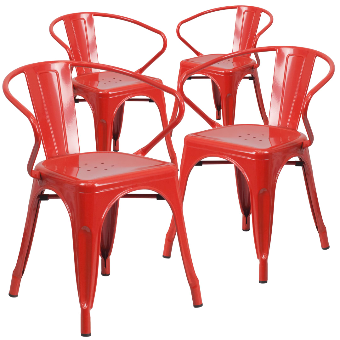 Roy Commercial Grade 4 Pack Red Metal Indoor-Outdoor Chair with Arms