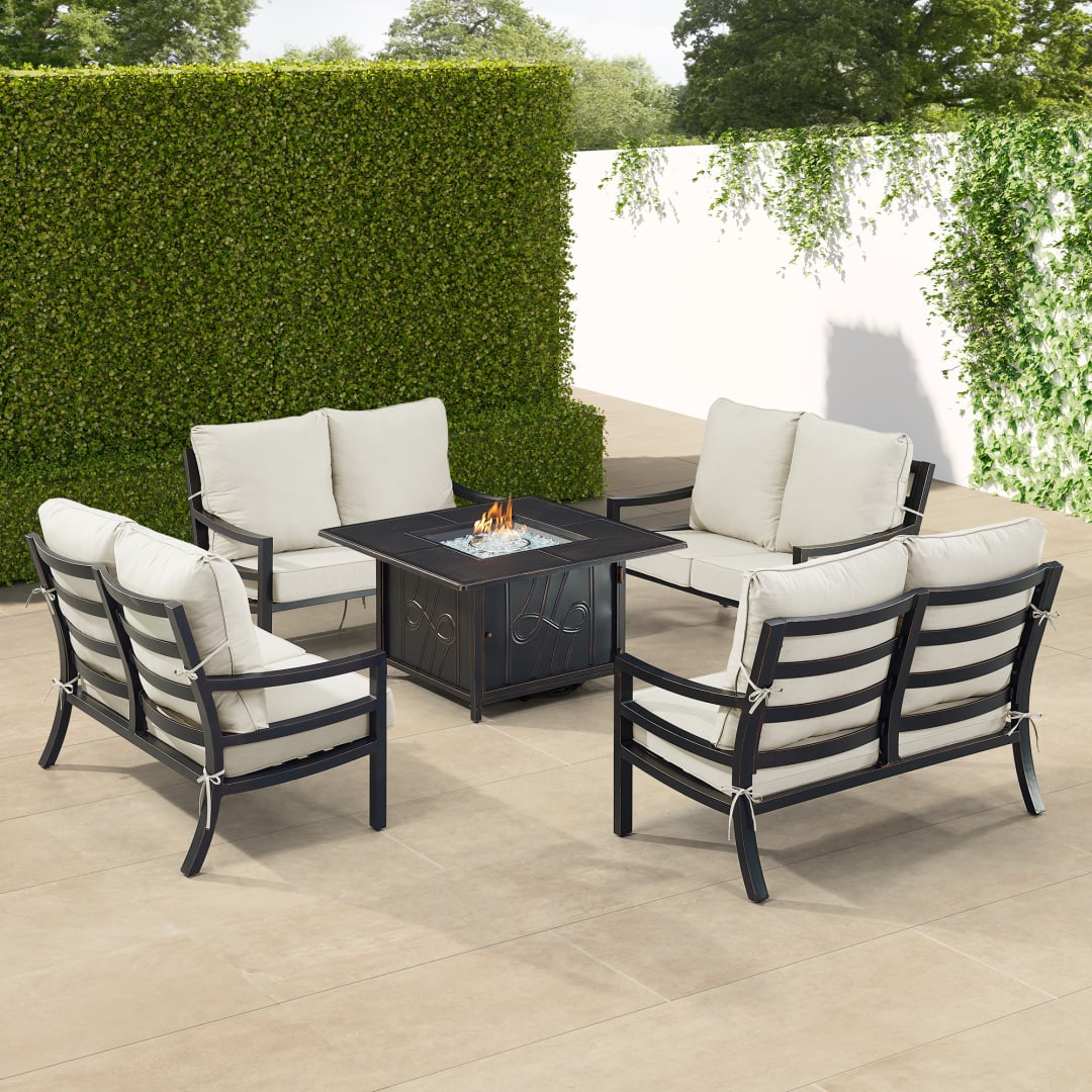 Black Aluminum Patio Fire Table Set with Four Deep Seating Loveseat with Cushions