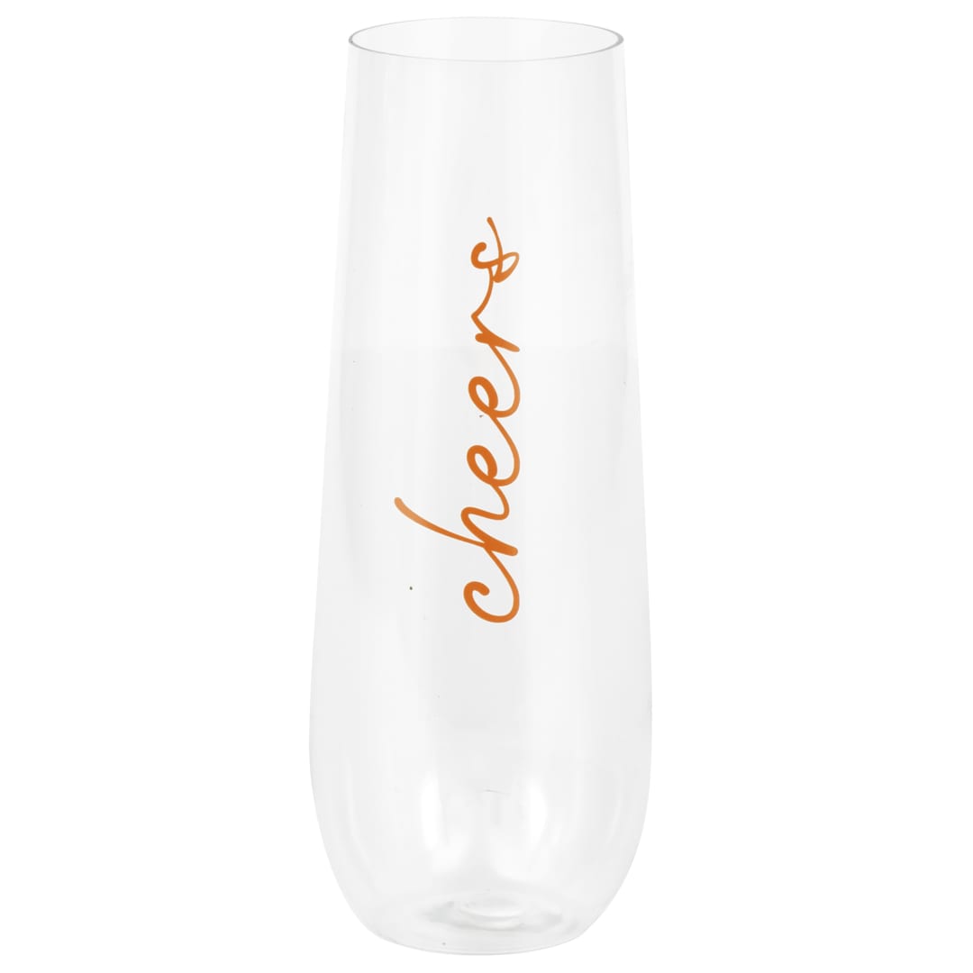 Orange Print  "Cheers" 9oz Plastic Stemless Champagne Flute