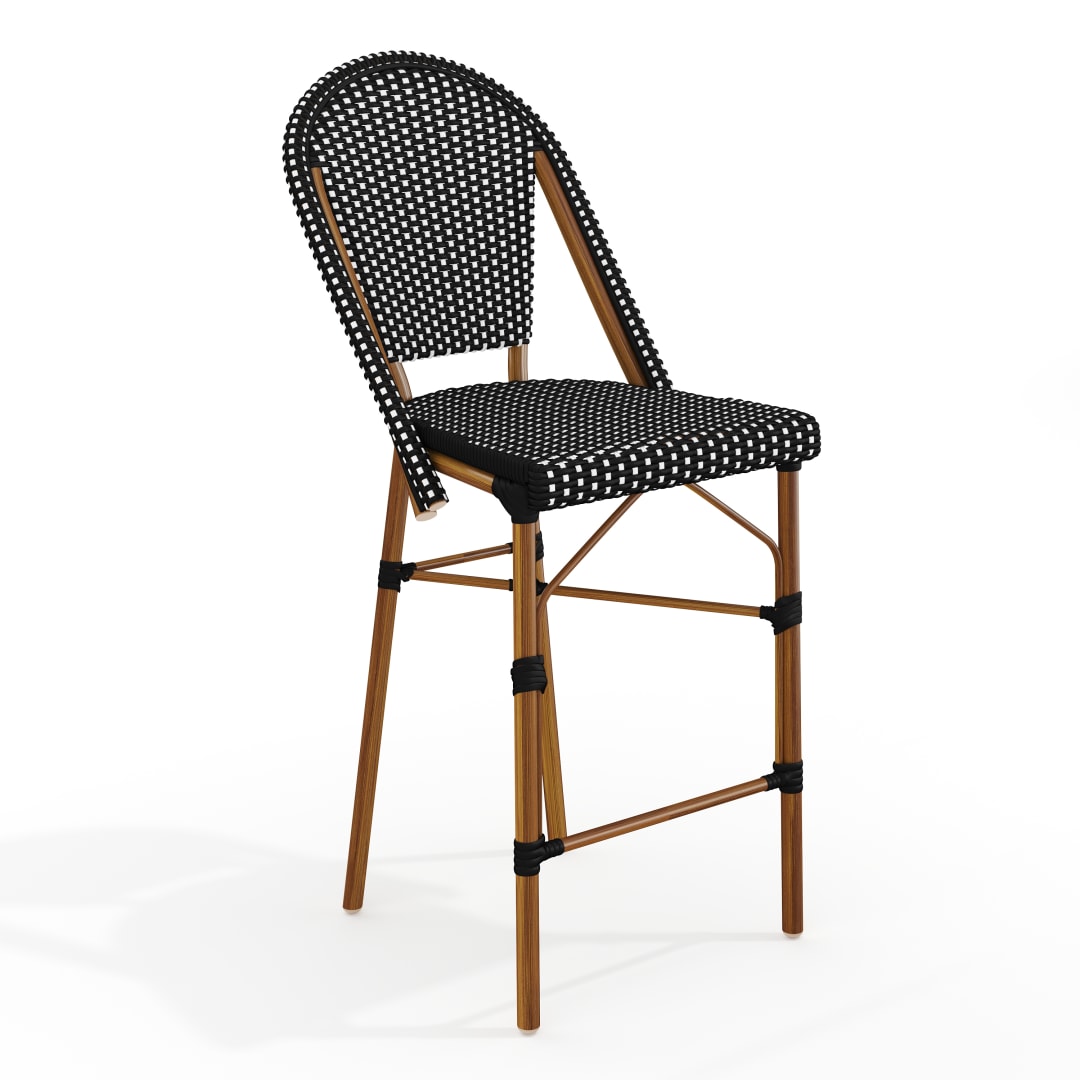 Lily Pond Indoor-Outdoor Stackable Bistro Counter Stool with Natural Woodgrain Aluminum Finish Frame and Black/White Woven Rattan Back and Seat