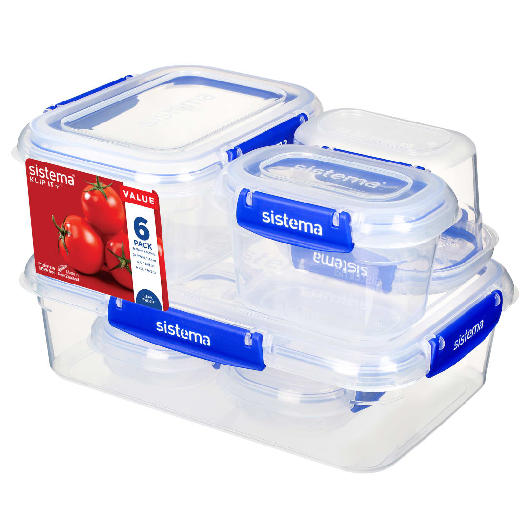 Sistema KLIP IT Plus cajas de almacenamiento | Juego de recipientes herméticos de 6 unidades (2 x 180ml2 x 400ml1 x 1 l & 1 x 2,2 l) | Sellado a prueba de fugas | Clips de cierre sencillo