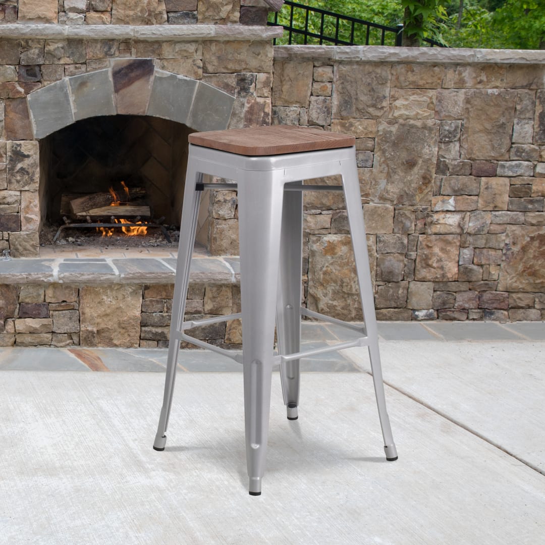 Lily 30" High Backless Silver Metal Barstool with Square Wood Seat
