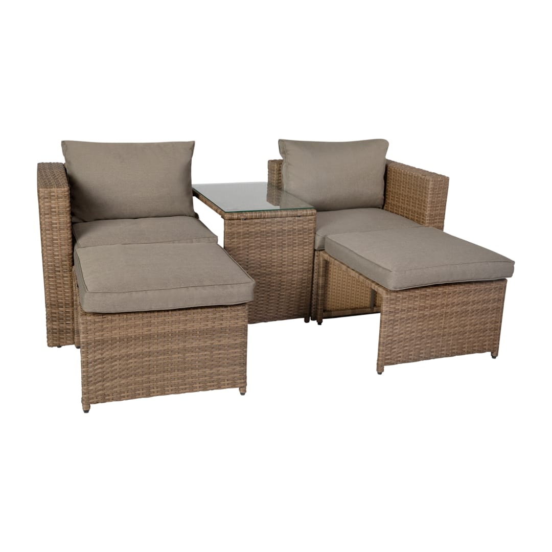 Nico Indoor/Outdoor Modular Loveseat Sofa Set with Table and Ottomans, Gray Cushions and Natural Rattan