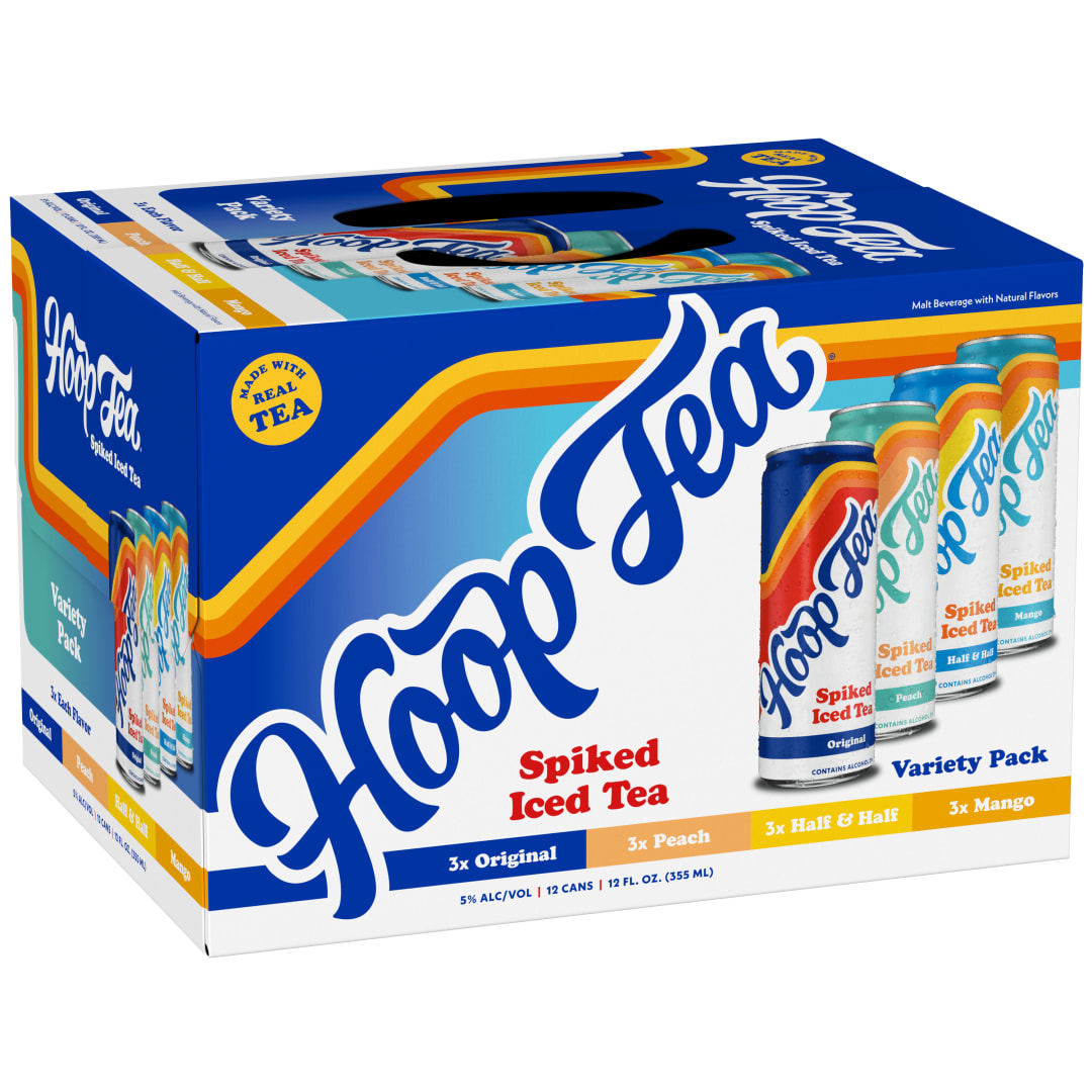 Hoop Tea Four Flavor Variety Pack #2 12x12 oz Can Sleek Pack CARRIER - Original, Mango, Peach, Half and Half