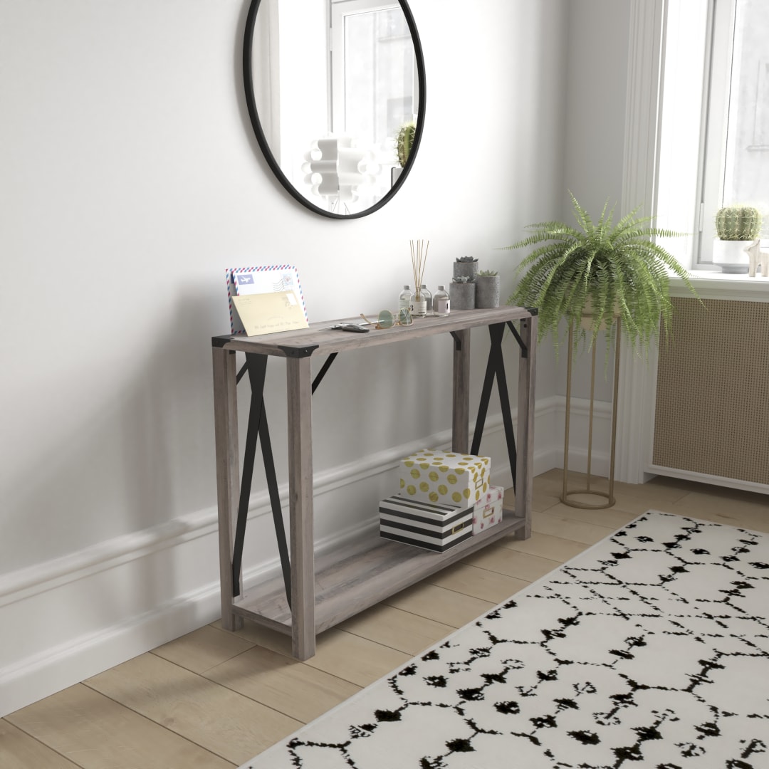 Wyatt Modern Farmhouse Wooden 2 Tier Console Entry Table with Black Metal Corner Accents and Cross Bracing, Gray Wash