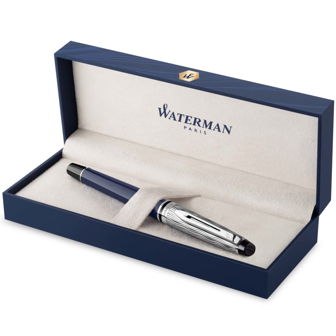 Waterman Expert Fountain Pen | Metal & Blue Lacquer | Chiselled Cap | Stainless Steel Fine Nib | Blue Ink | Gift Box