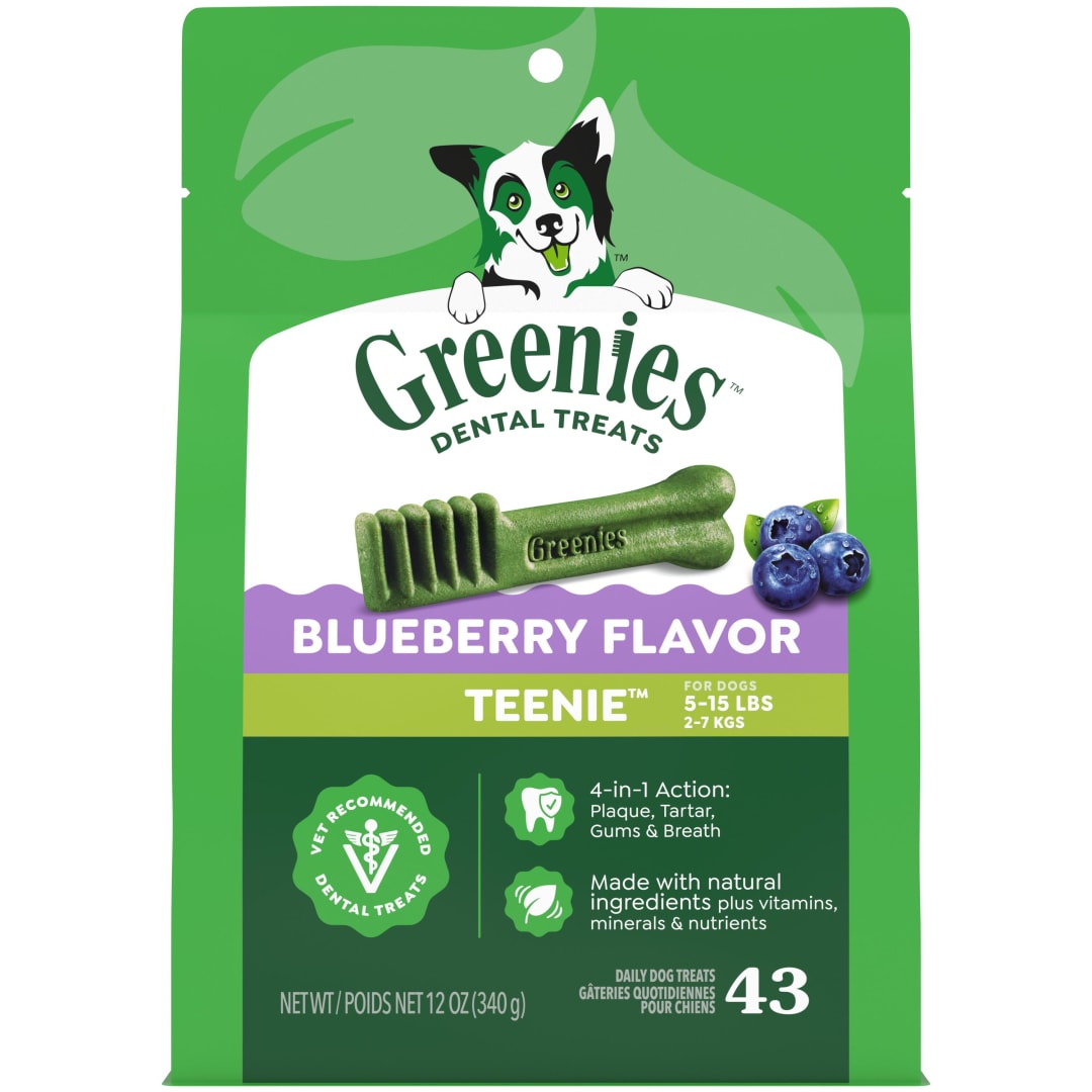 GREENIES TEENIE Natural Dog Dental Care Chews Oral Health Dog Treats Blueberry Flavor, 12 oz. Pack (43 Treats)