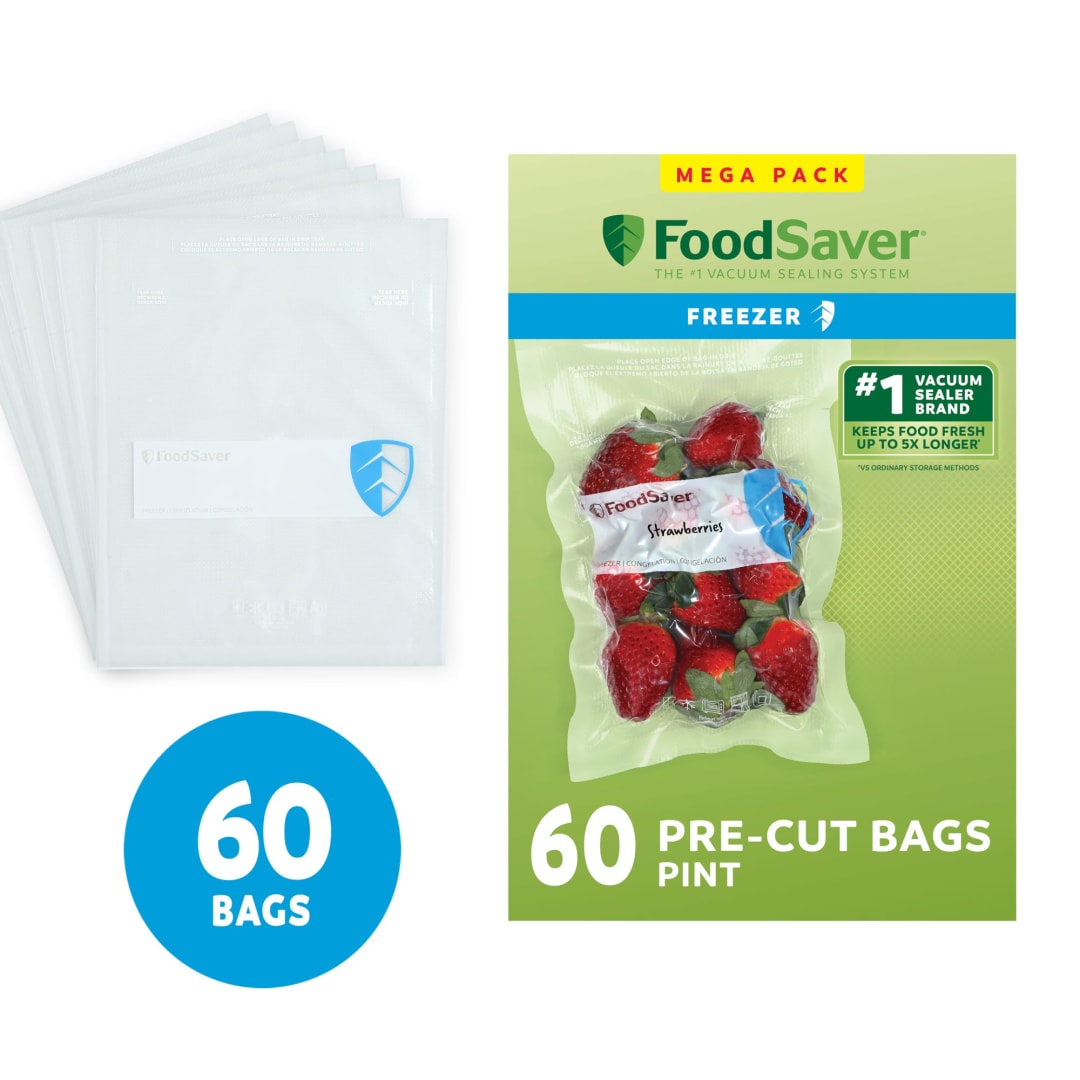 FoodSaver Pint Vacuum Seal Bags, 60 Count Pre-Cut BPA-Free Freezer Bags, Align to Seal & Tear to Open for Food Freezer, Sous Vide, and Meal Prep