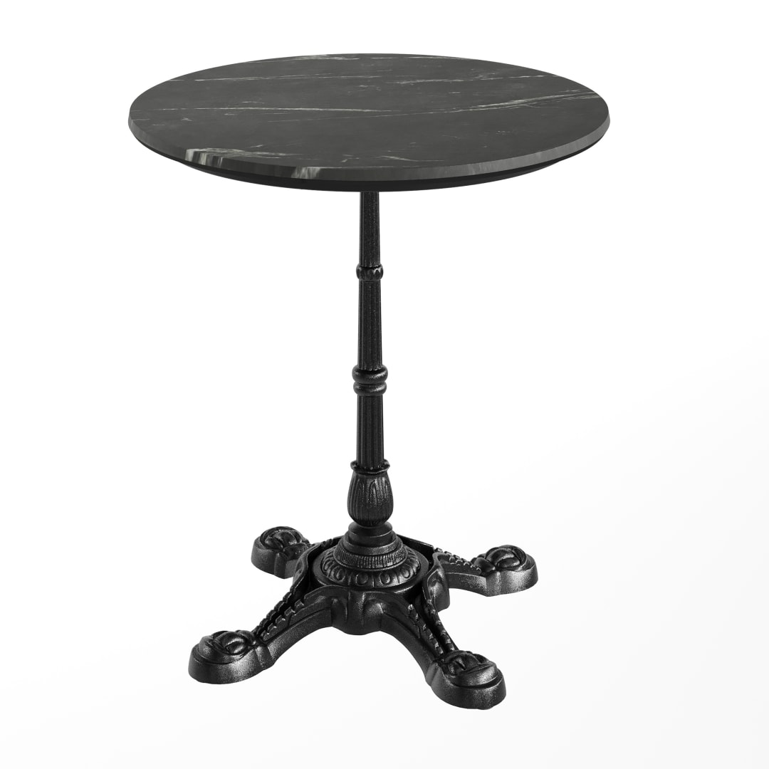TopGuard 24" Round Indoor Outdoor Tabletop in Black Faux Marble with Seamless Surface Technology and 22.75" x 22.75" Black Cast Iron Bistro Table Base
