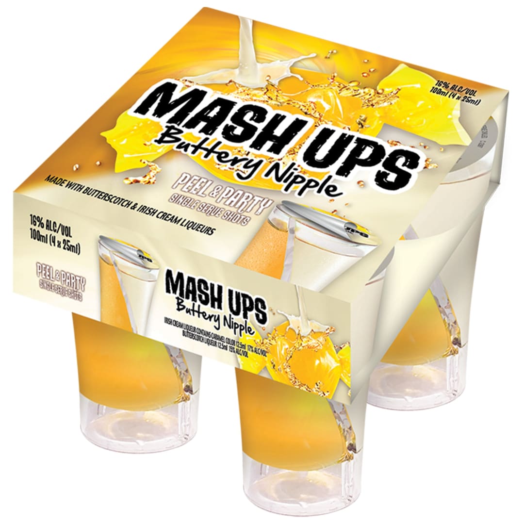 MASH UPS Peel and Party Single Serve Shots Buttery Nipple Liqueur 4 Pack 100ml (4x25ml) 32 Proof