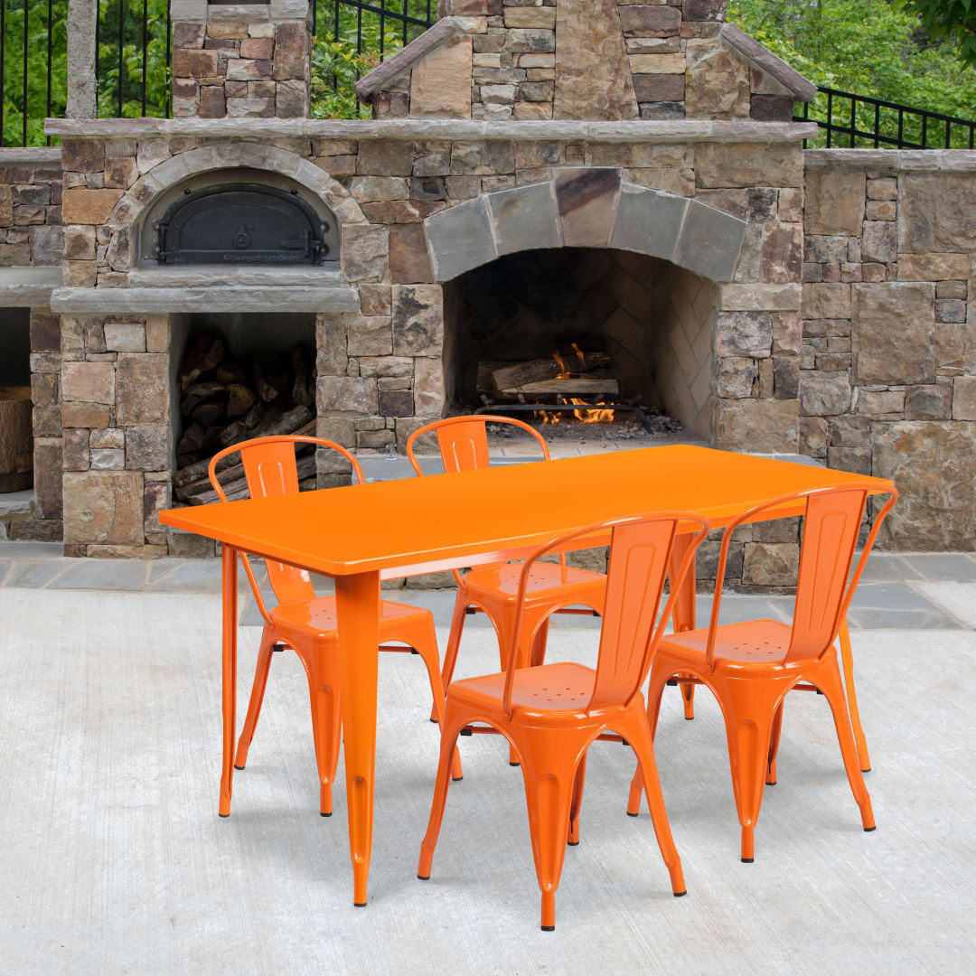 Darcy Commercial Grade 31.5" x 63" Rectangular Orange Metal Indoor-Outdoor Table Set with 4 Stack Chairs