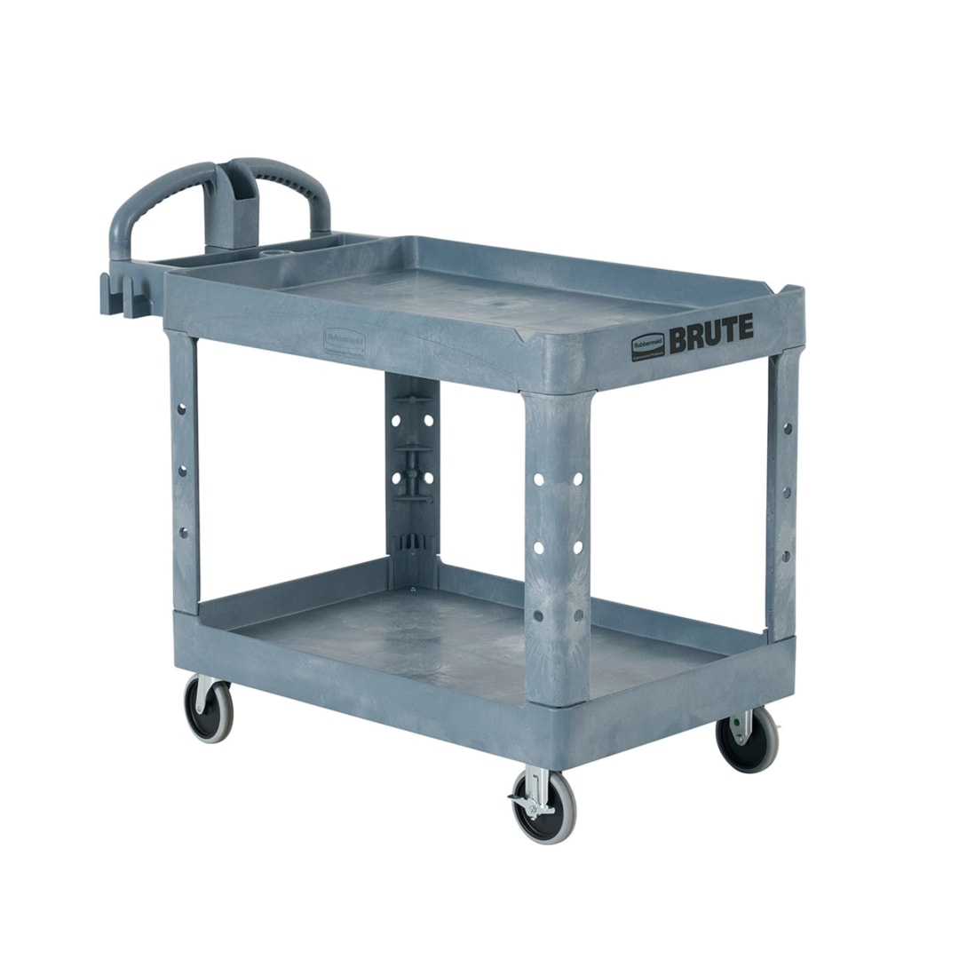 BRUTE Heavy Duty 2-Shelf Utility/Service Cart, Large, Lipped Shelves, Ergonomic Handle, 750 lbs. Capacity, Black, for Warehouse/Garage/Cleaning/Maintenance/Stadiums (2192463)