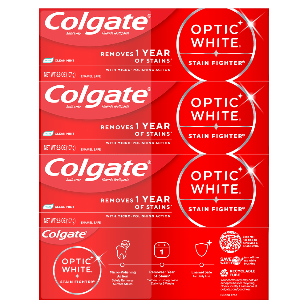 Colgate Optic White Stain Fighter Clean Mint Paste Teeth Whitening Toothpaste, Anticavity Toothpaste with Fluoride, 4 Pack, 3.8 OZ