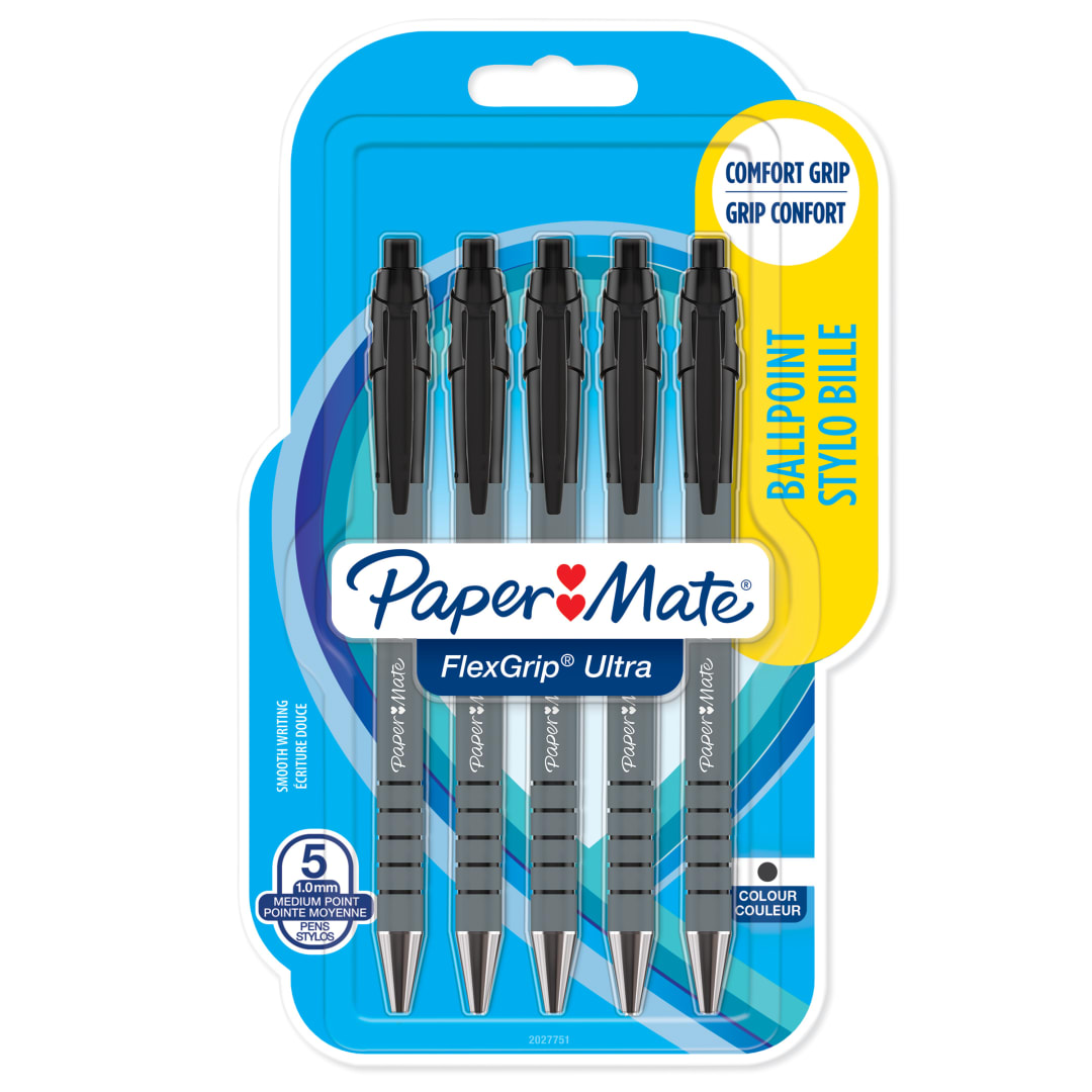 Paper Mate Flexgrip Ultra bolígrafo retráctil | punta mediana (1,0 mm) | negro | paquete de 5