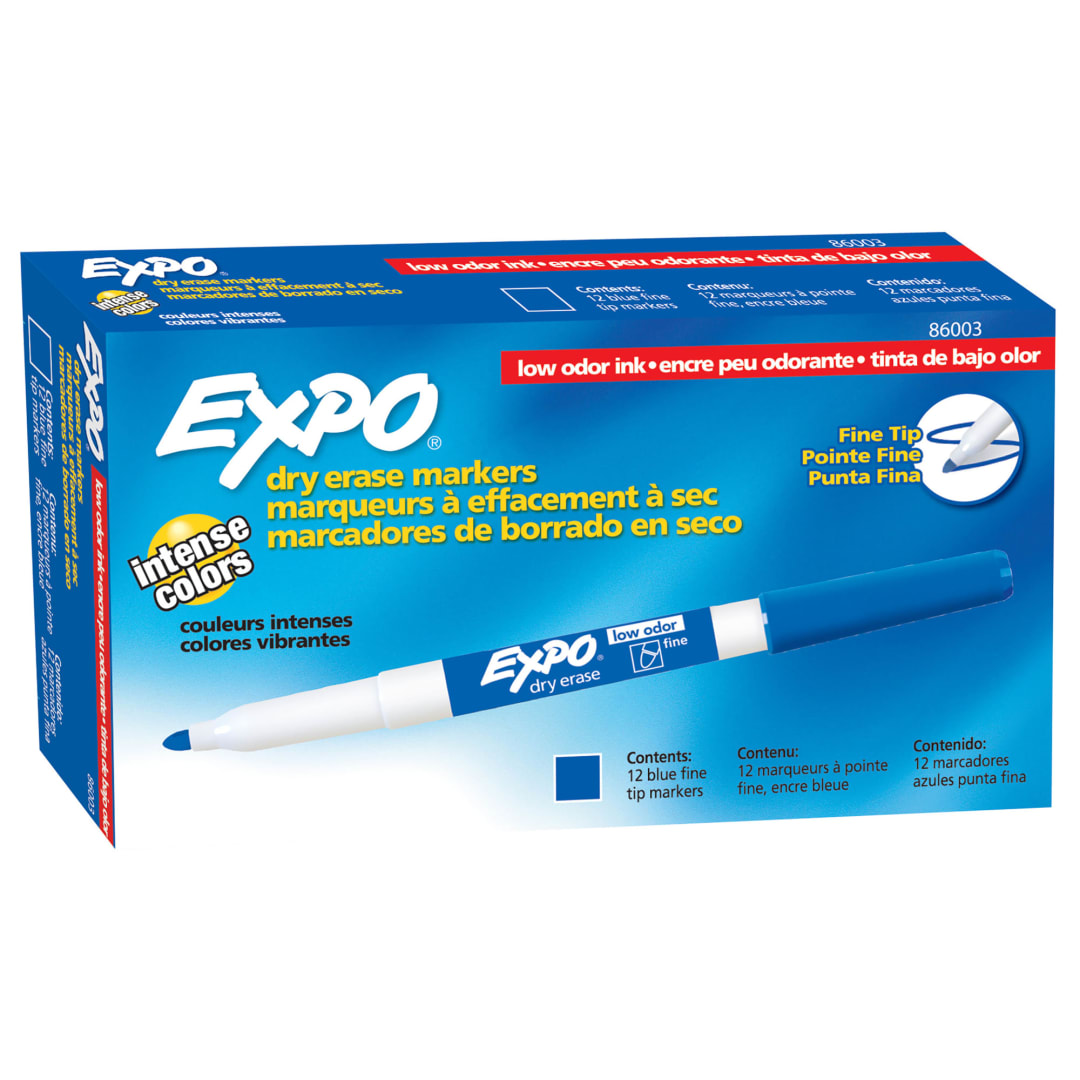EXPO® Low Odor Dry Erase Markers, Fine Tip, Blue, 12 Count