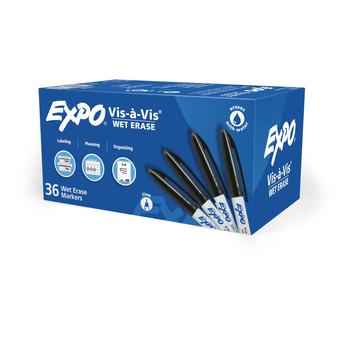 EXPO® Vis-a-Vis Wet Erase Markers, Fine Point, Black, 36 Count
