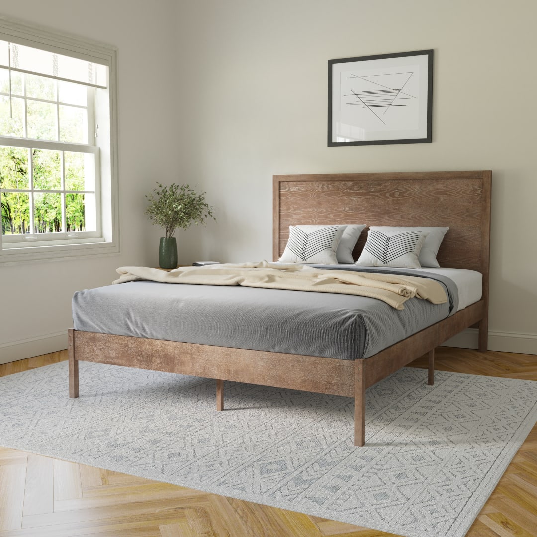Asher Queen Size Solid Wood Platform Bed with Wooden Slats and Headboard, No Box Spring Needed, Light Brown