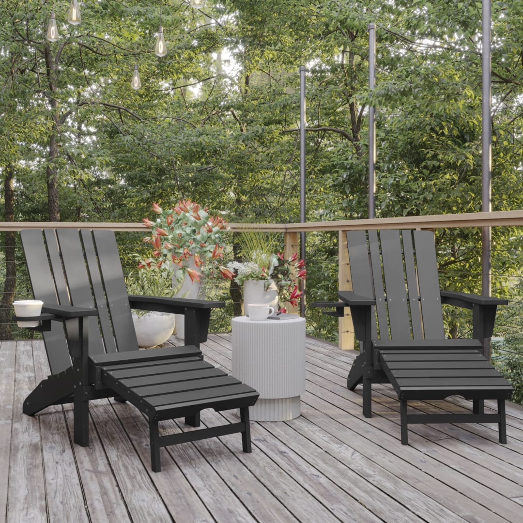 Halifax HDPE Adirondack Chair with Cup Holder and Pull Out Ottoman, All-Weather HDPE Indoor/Outdoor Lounge Chair in Gray, Set of 2