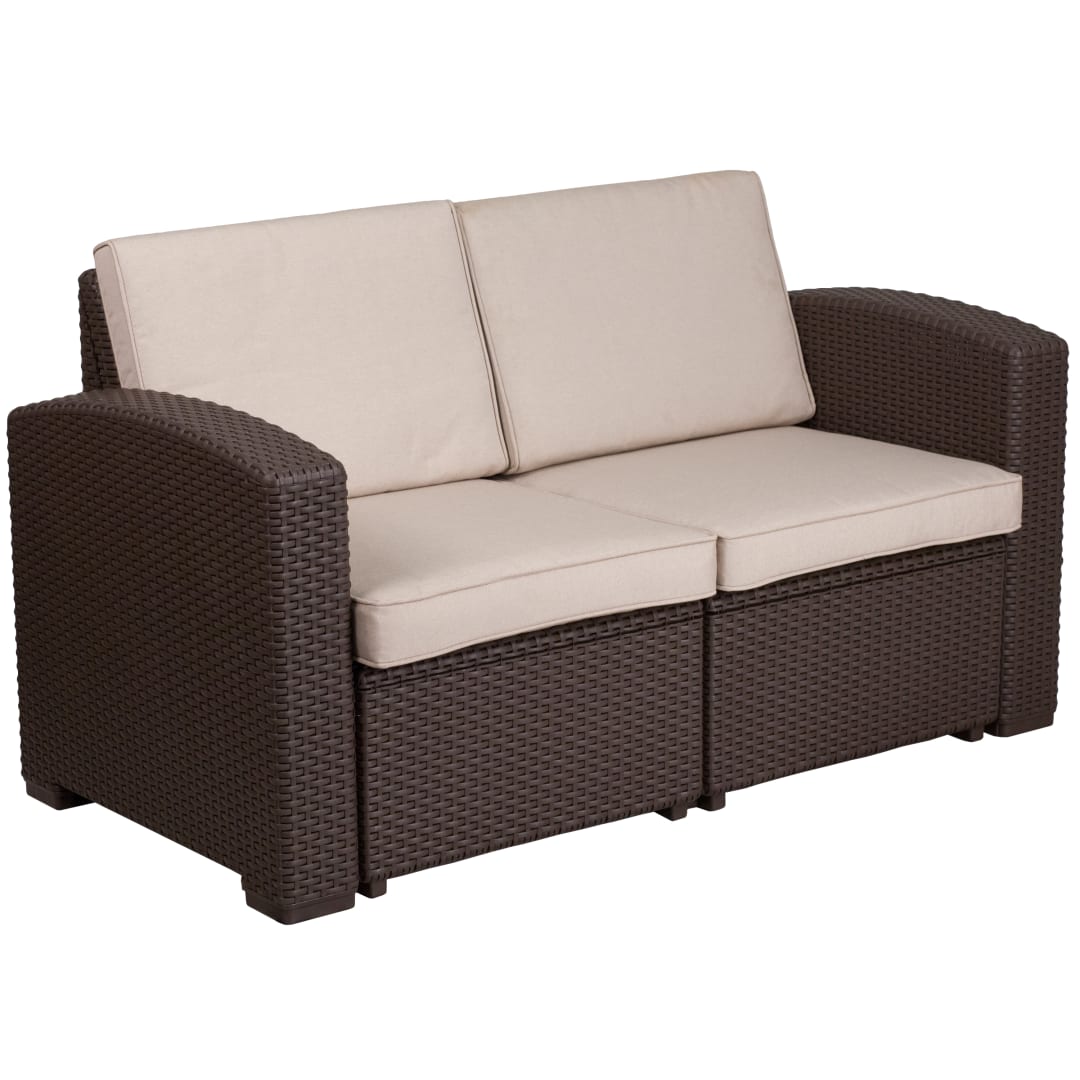 Seneca Chocolate Brown Faux Rattan Loveseat with All-Weather Beige Cushions