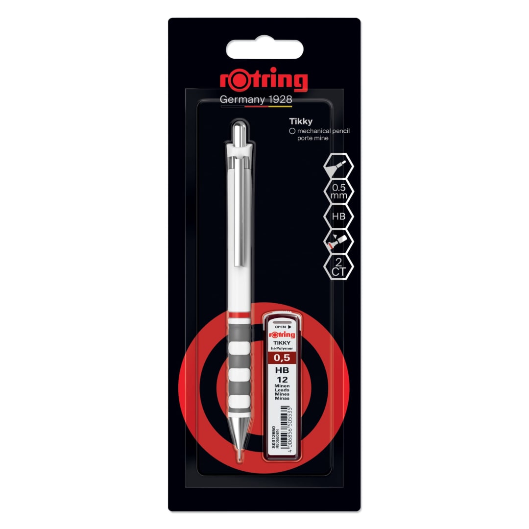 rOtring Tikky Mechanical Pencil Set | 0.5 mm | Lead Refills | White Barrel