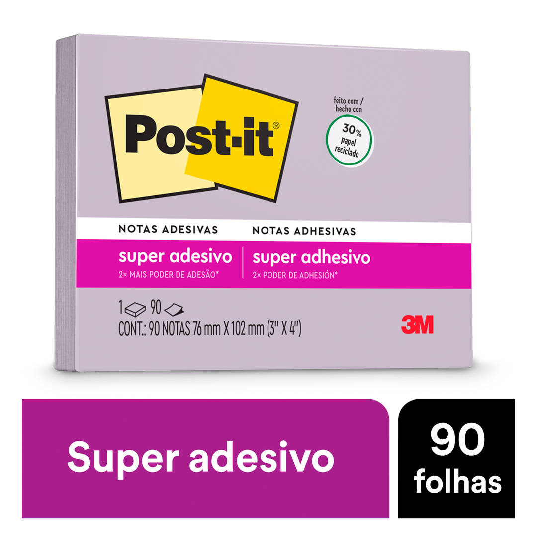 Bloco de Notas Super Adesivas Post-it®, Lilac, 76 mm x 102 mm, 90 Folhas