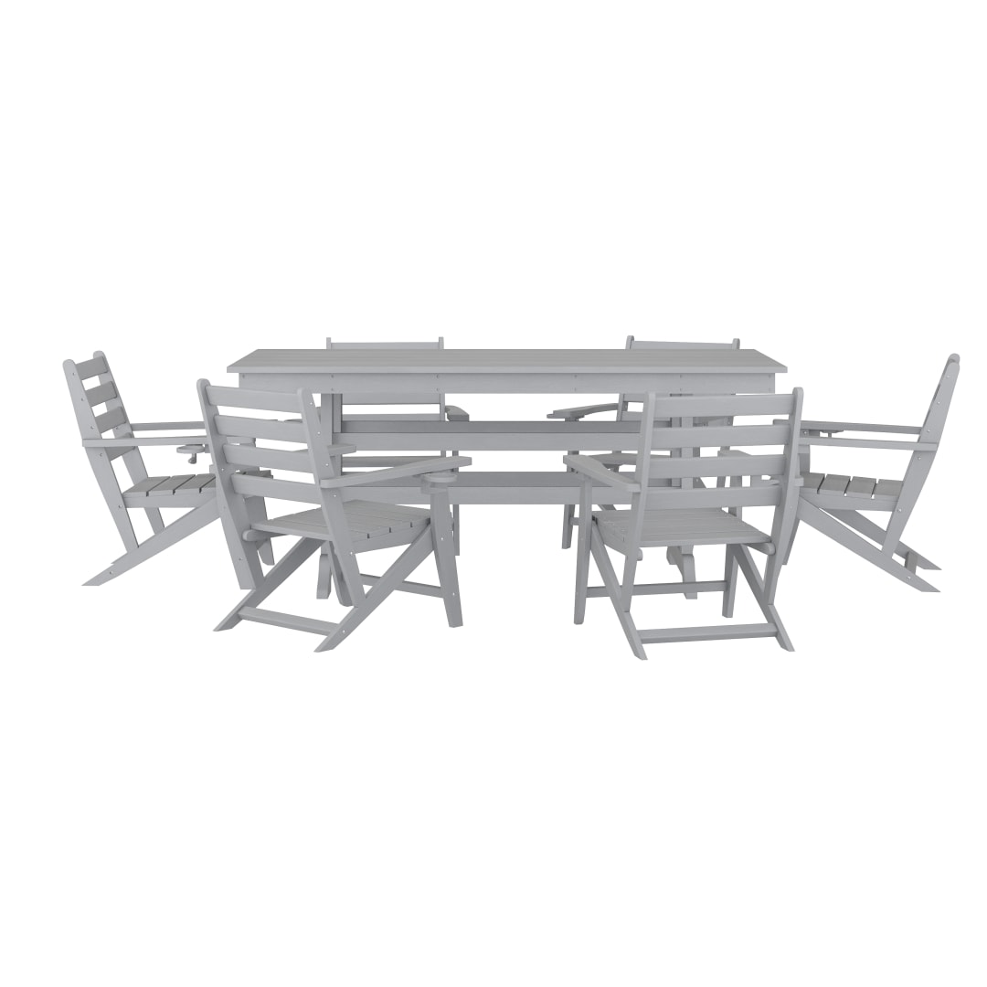 Tolleson Commercial 7 Piece Adirondack Dining Set with 72" Rectangle Indoor/Outdoor Recycled HDPE Table and 6 Chairs with Cupholders in Gray