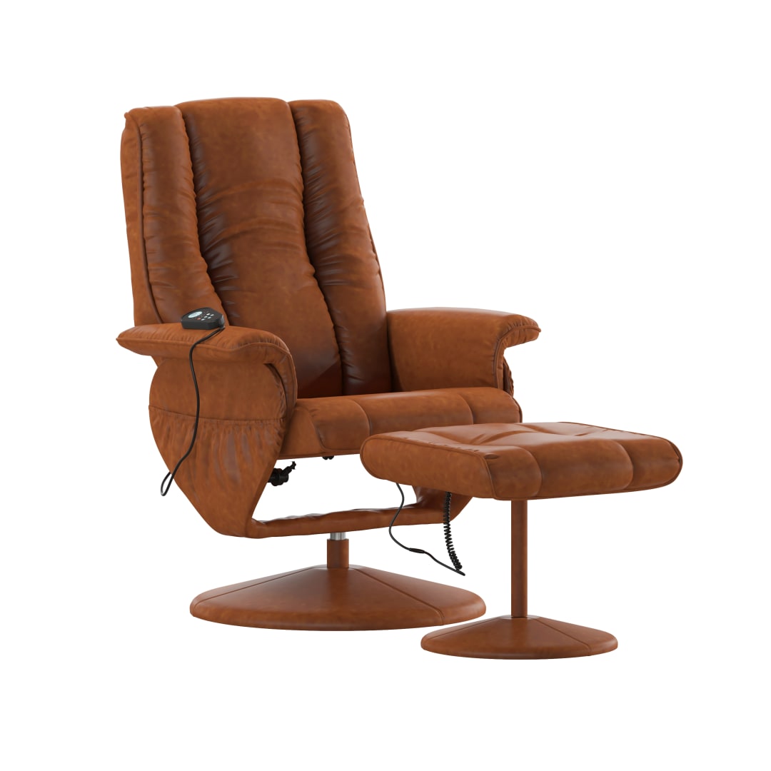 Hall Massaging Heat Controlled Adjustable Recliner and Ottoman with Wrapped Base in Brown LeatherSoft