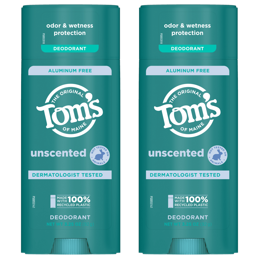 Tom’s of Maine Unscented Natural Deodorant, Aluminum Free, Clear Application, Odor & Wetness Protection, Naturally Derived Ingredients, 3.25 oz (2 Pack)