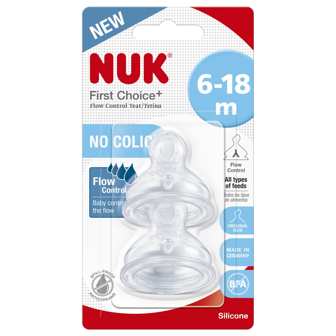 Tetinas First Choice+ Flow Control NUK | 6-18 Meses | Tetina de silicona con válvula anticólicos | 2 unidades