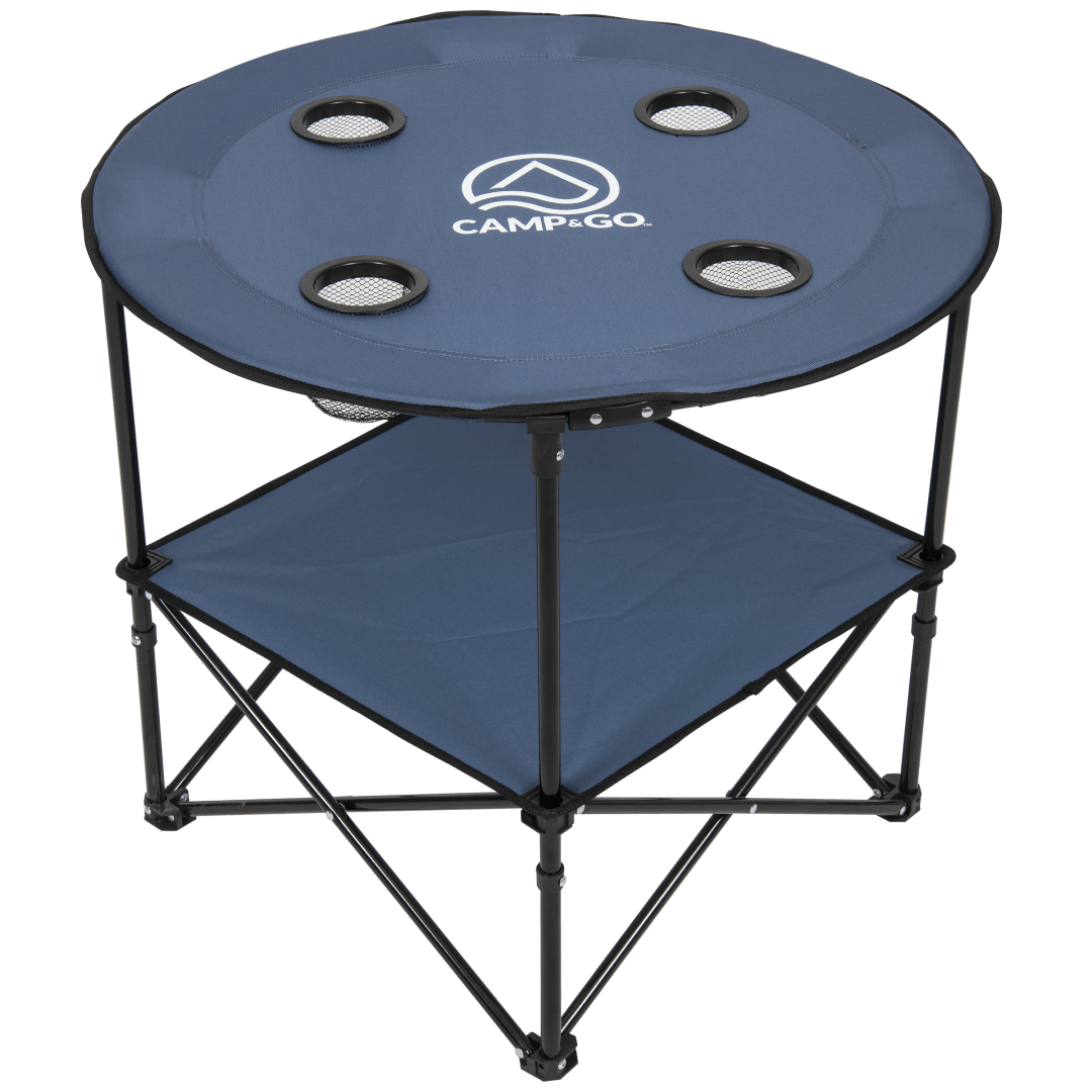 2 x 2 x 2 ft Blue 28 In. Round Lightweight Fabric Portable Folding Beach Table with Cupholders