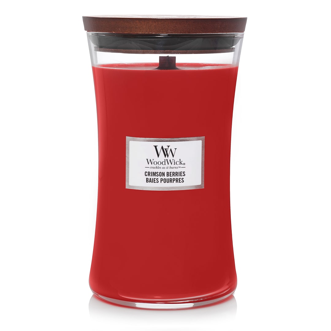 WoodWick Vela perfumada hourglass grande| Crimson Berries | con mecha crepitante | Velas de larga duración: hasta 130 horas | Regalos perfectos para mujeres