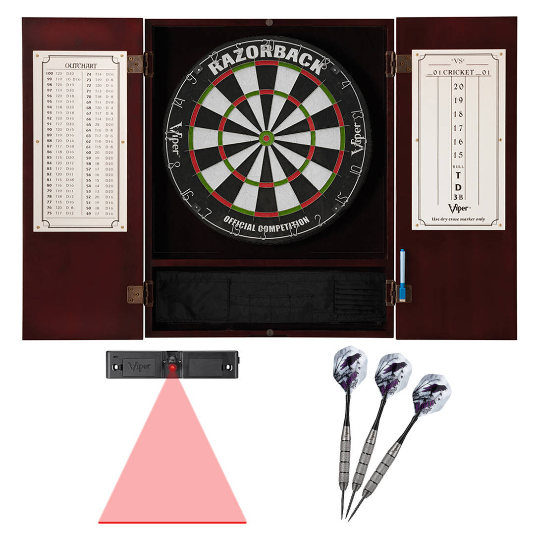 Viper Metropolitan Mahogany Steel Tip Dartboard Cabinet, Viper Razorback Sisal Dartboard, Viper Underground Raven Steel Tip Darts 25 Grams, and Throw Line Light
