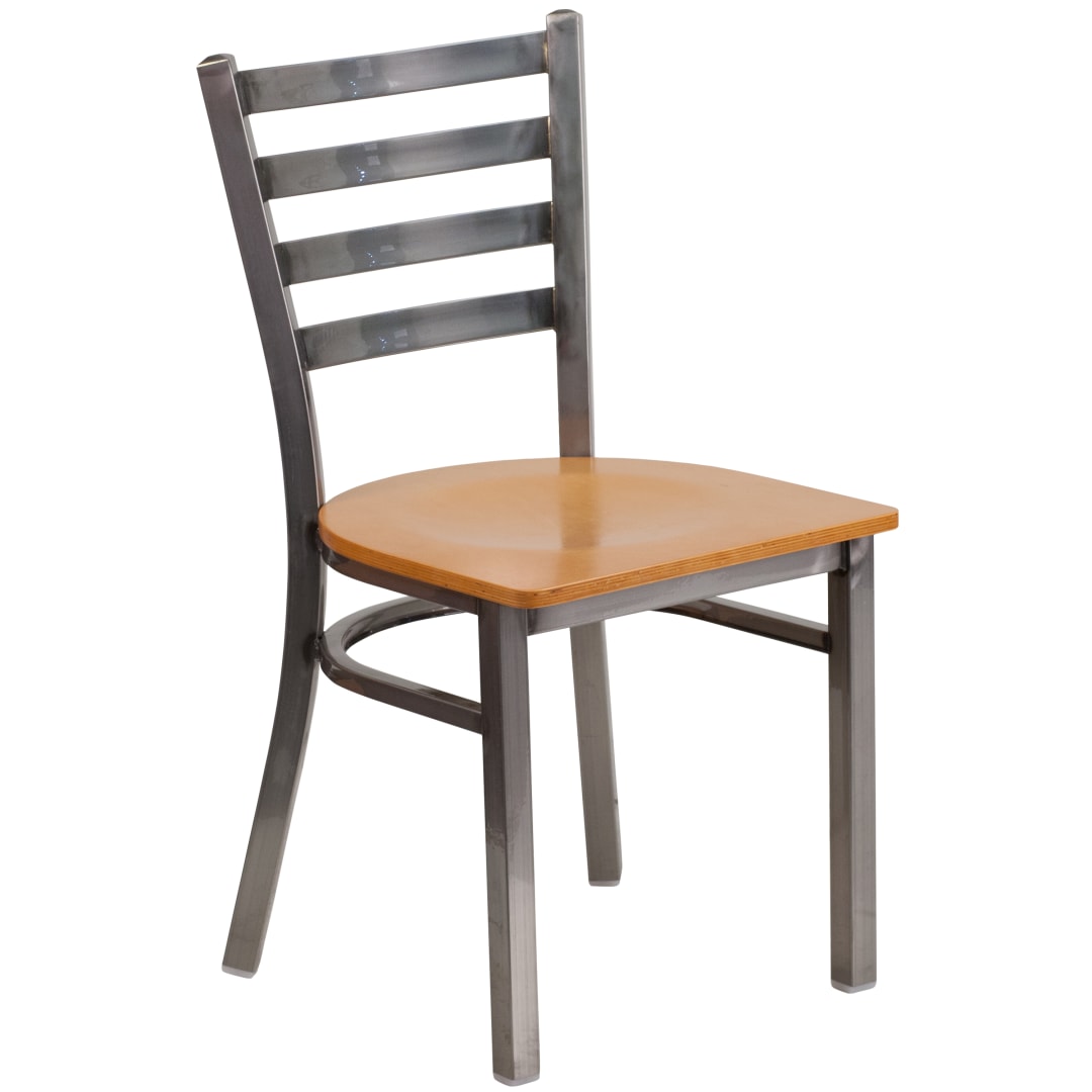 HERCULES Series Silver Antique Finish with Clear Coat Ladder Back Metal Restaurant Chair - Natural Wood Seat
