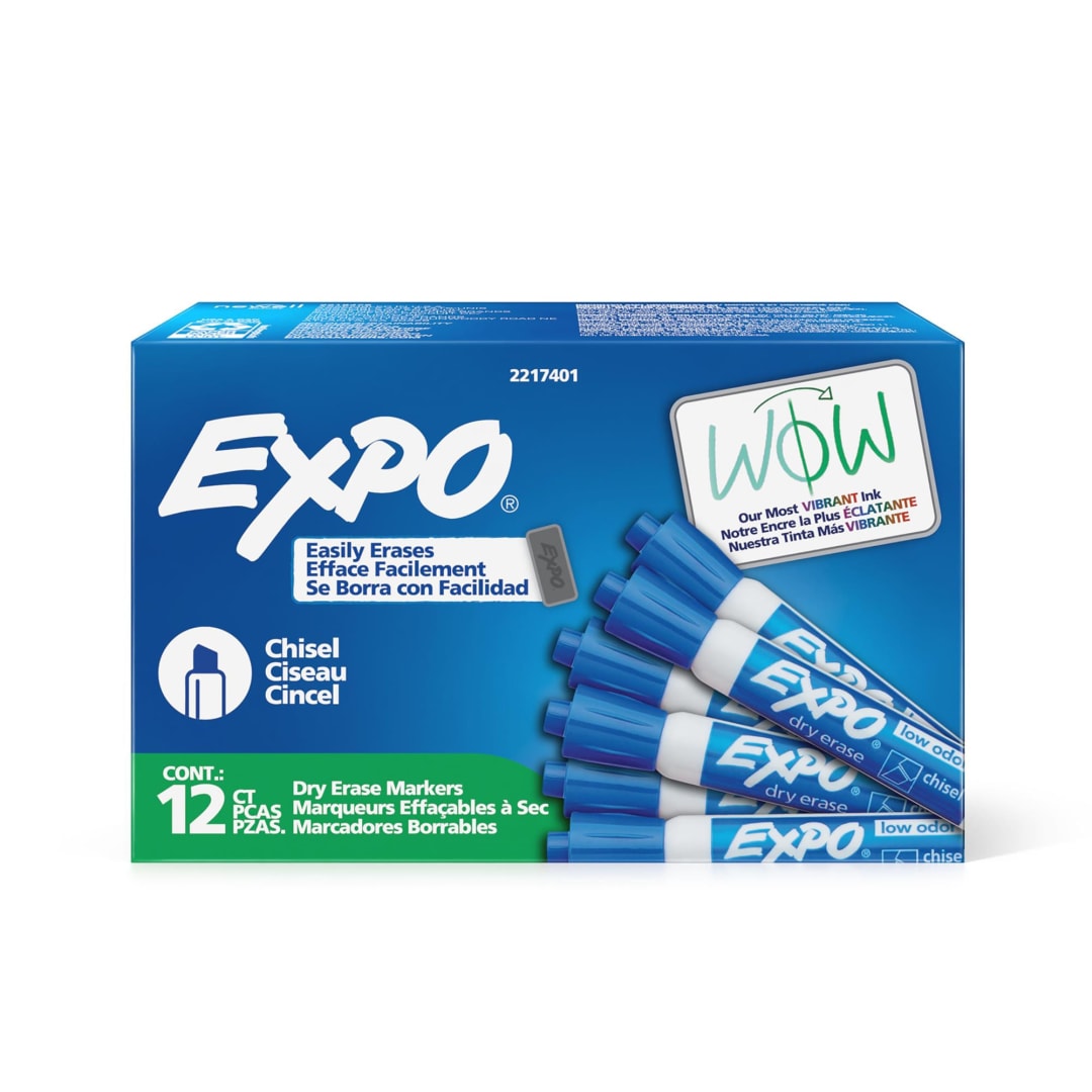 EXPO Dry Erase Markers, Low Odor Ink, Blue, Chisel Tip, 12 Count