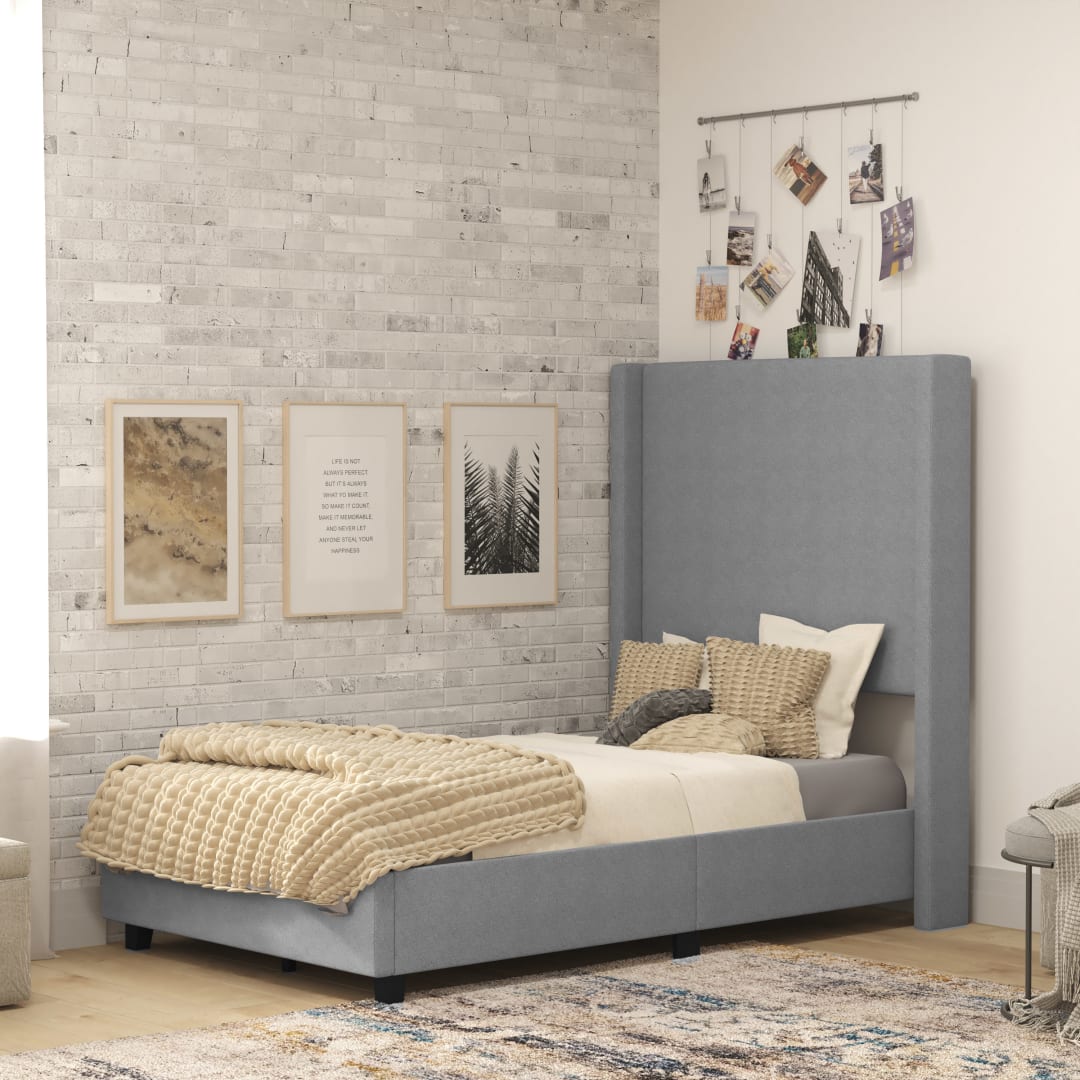 Quinn Twin Upholstered Platform Bed with Channel Stitched Wingback Headboard, Mattress Foundation with Slatted Supports, No Box Spring Needed, Gray