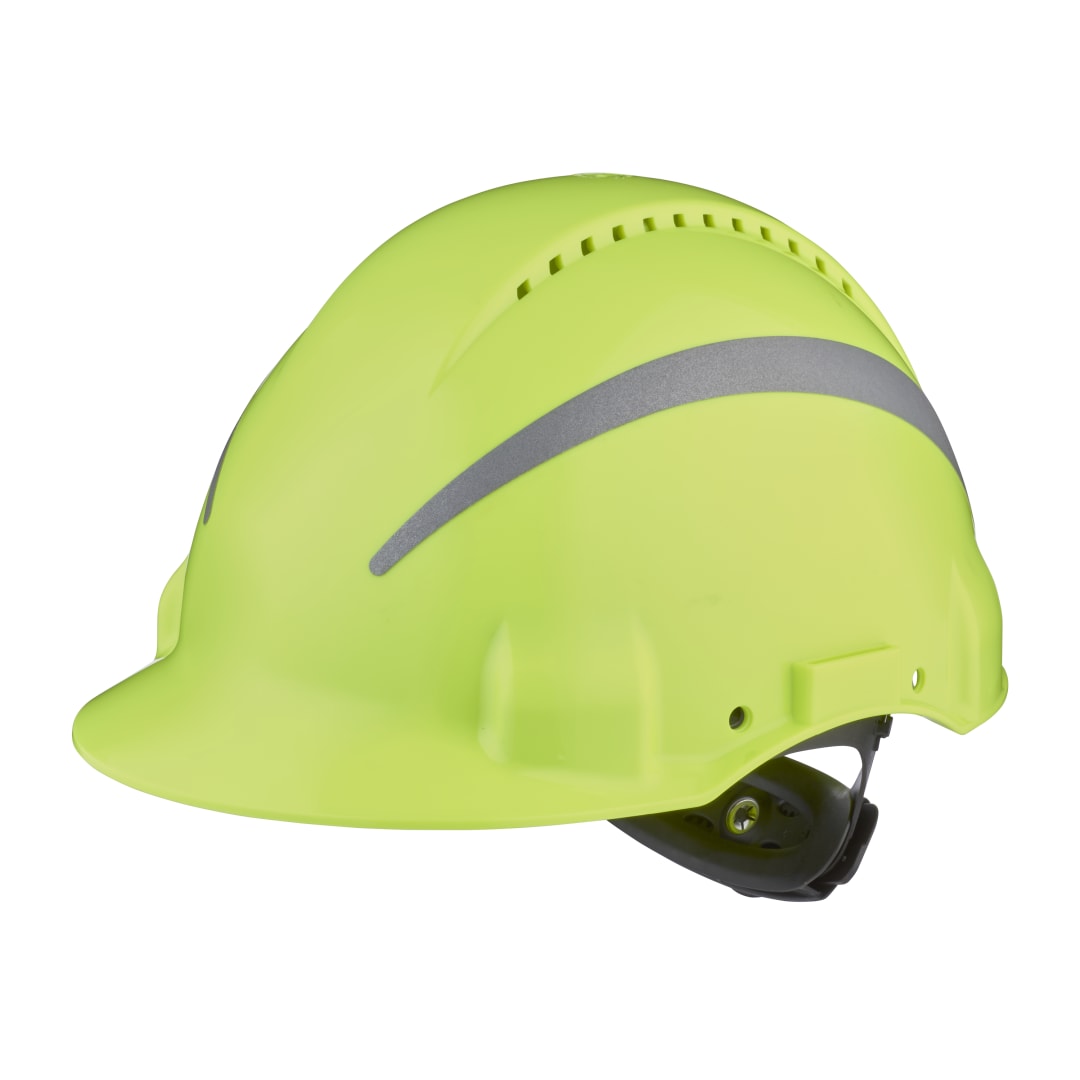 3M™ Hard Hat, Uvicator, Ratchet, Ventilated, Reflective, Plastic Sweatband, Hi-Viz, G3000NUV-R-GB