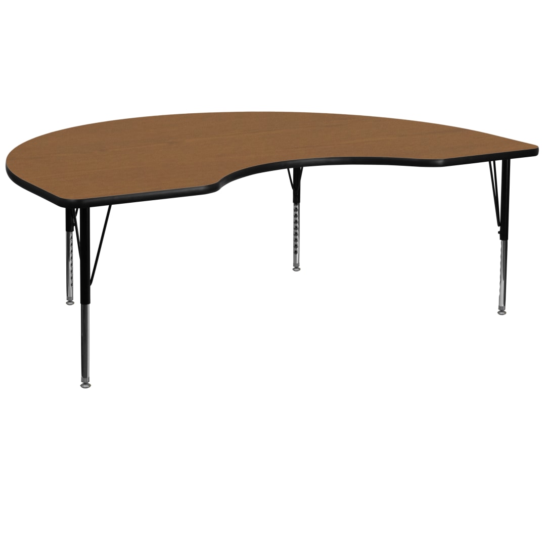 Wren 48''W x 96''L Kidney Oak Thermal Laminate Activity Table - Height Adjustable Short Legs