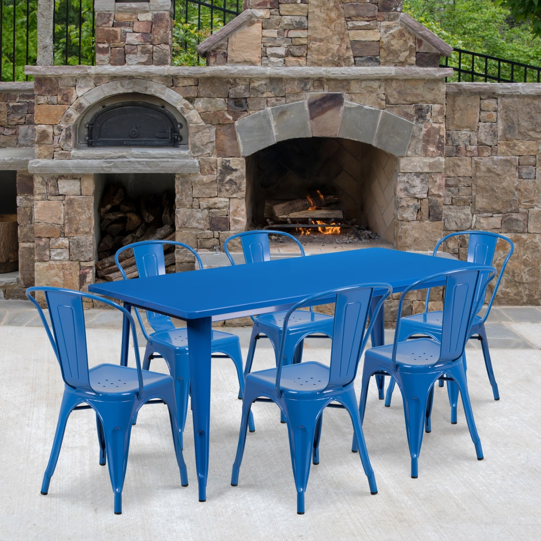 Gilbert Commercial Grade 31.5" x 63" Rectangular Blue Metal Indoor-Outdoor Table Set with 6 Stack Chairs