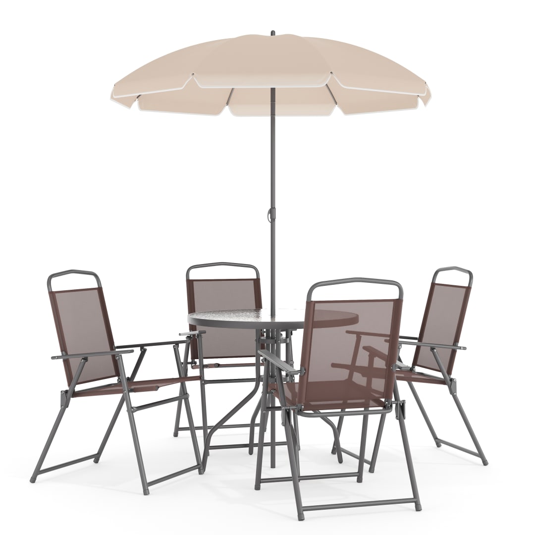 Nantucket 6 Piece Brown Patio Garden Set with Umbrella Table and Set of 4 Folding Chairs