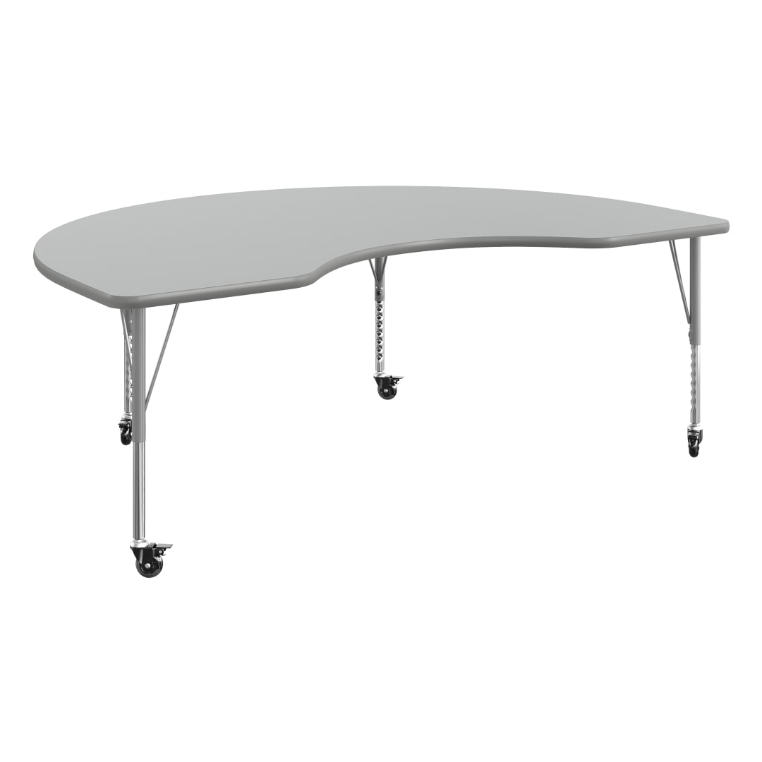 Wren 72" x 48" Kidney Adjustable Height Activity Table, Thermal Laminate Top, Short Legs with Locking Casters, Gray