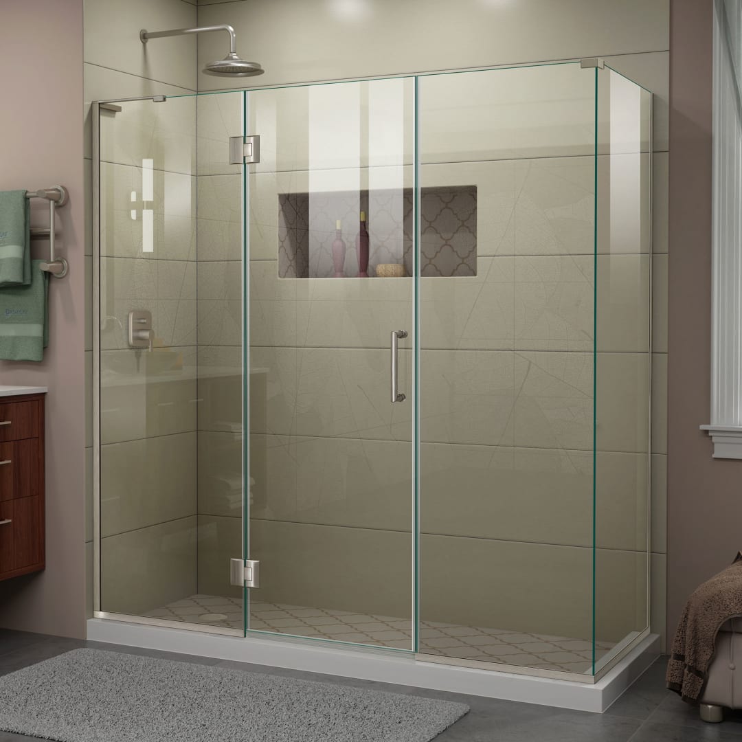 DreamLine Unidoor-X 70 inch W x 30 3/8 inch D x 72 inch H Frameless Hinged Shower Enclosure in Brushed Nickel