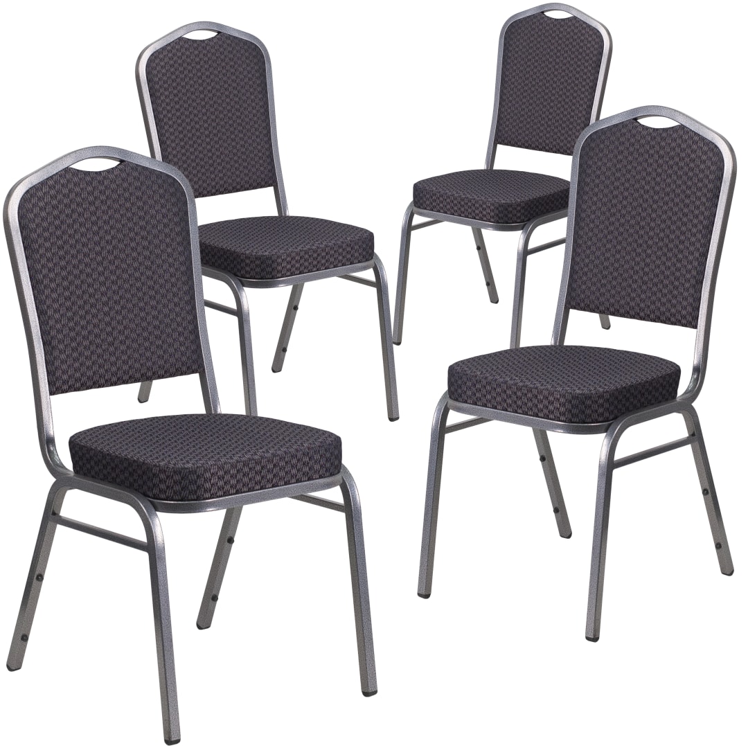 4 Pack HERCULES Series Crown Back Stacking Banquet Chair in Black Patterned Fabric - Silver Vein Frame