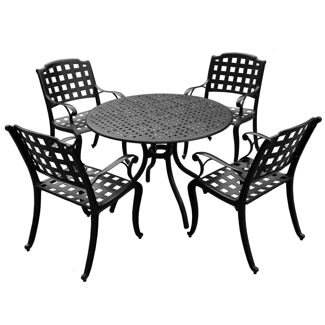 Modern Ornate Outdoor Mesh Aluminum 42-in Black Round Patio Dining Set with Four Chairs
