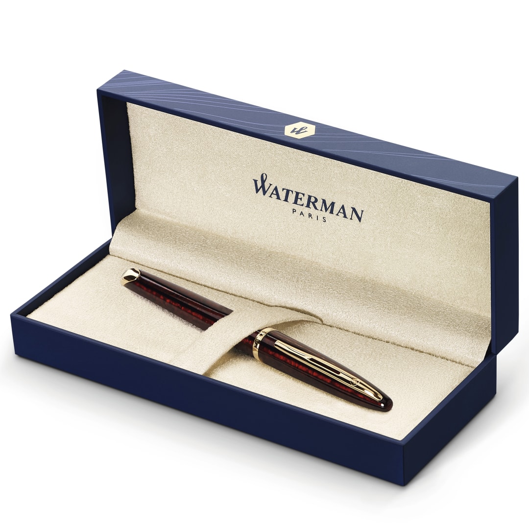 Waterman Carène Marine Amber Pluma estilográfica | Marrón brillante y negro con clip de oro de 23 quilates | Plumín fino con cartucho de tinta azul | Caja de regalo