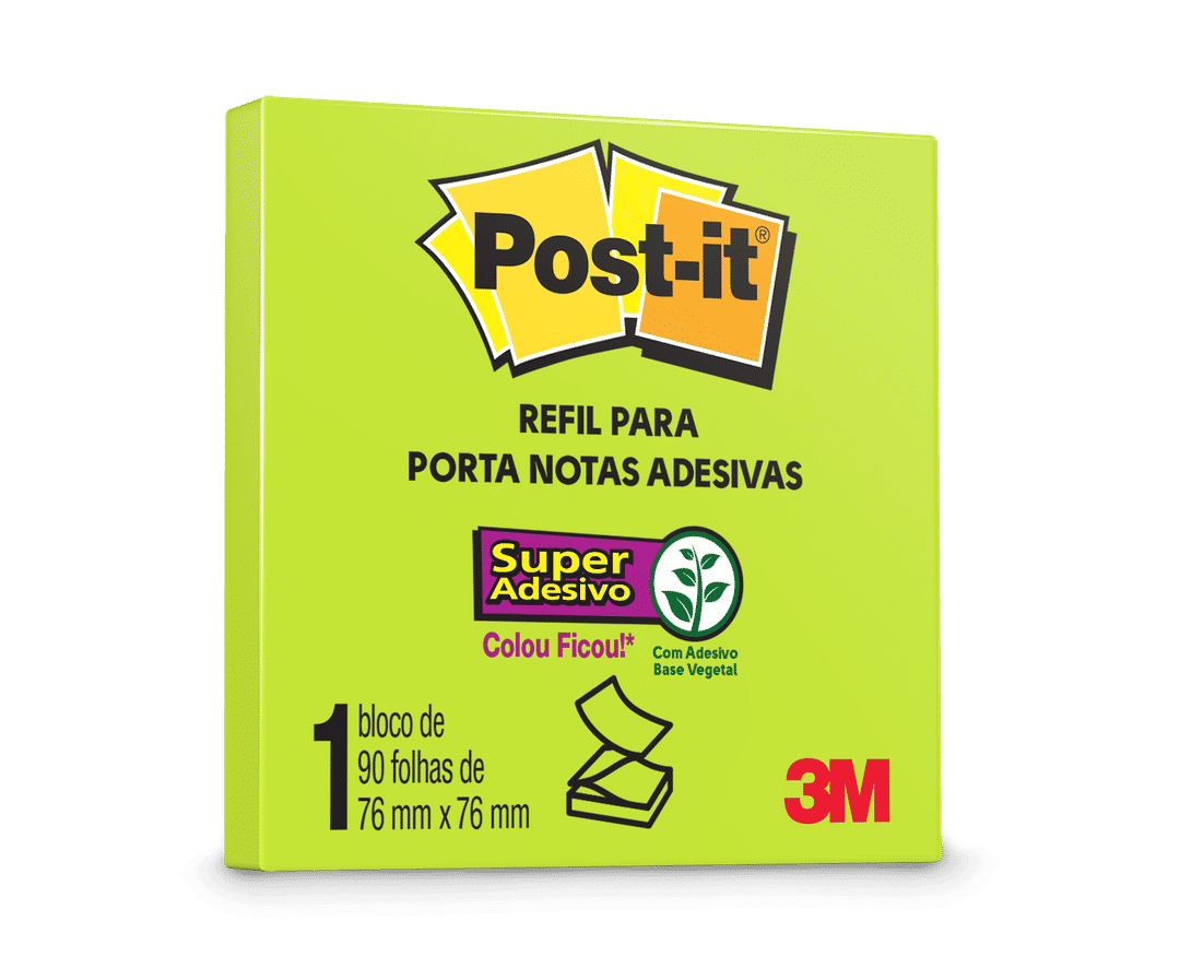 Bloco de Notas Adesivas Post-it®, Refil, Verde Neon, 76 mm x 76 mm, 90 Folhas
